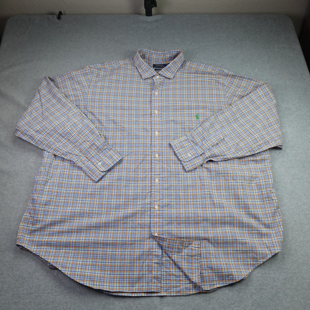 Polo Ralph Lauren Shirt Mens 3XB Blue Orange Plaid Button Up Stretch Classic Big